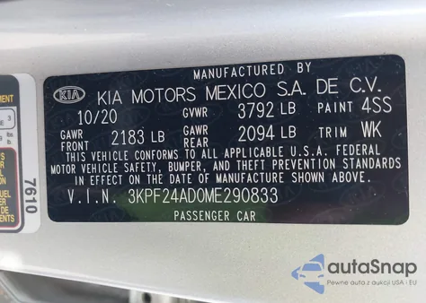 2021 Kia Forte Lxs z USA, uszkodzony, nr VIN 3KPF24AD0ME290833